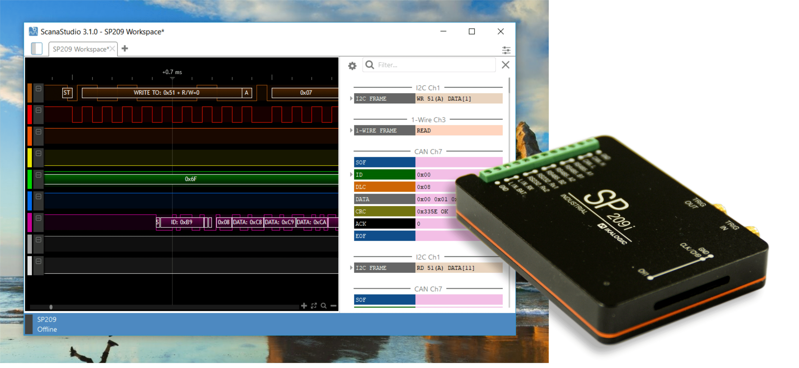 SP209 Logic Analyzer and ScanaStudio workspace
